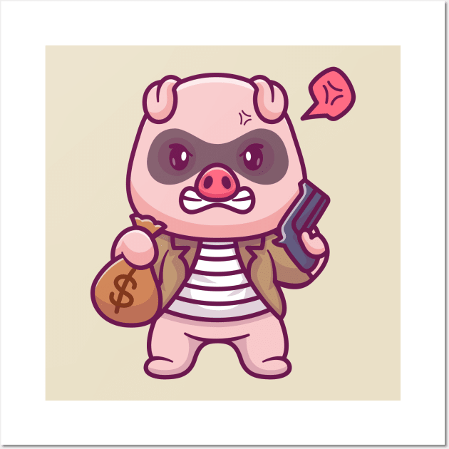 Cute Pig Thief Holding Money And Gun Cartoon Wall Art by Catalyst Labs